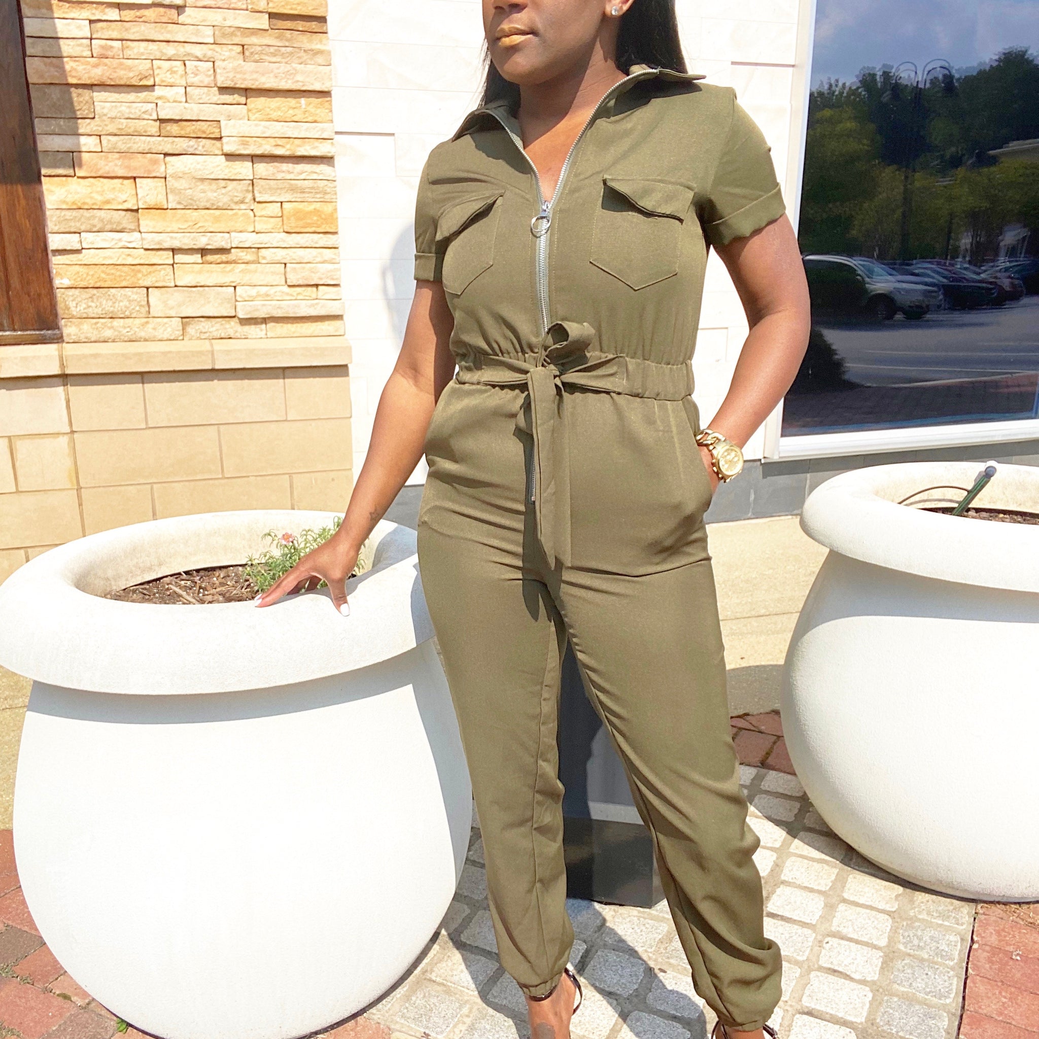 Zip Front Belted Utility Jumpsuit