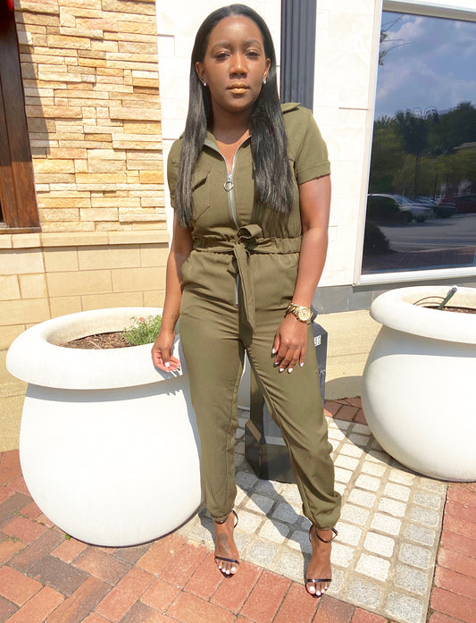 Zip Front Belted Utility Jumpsuit